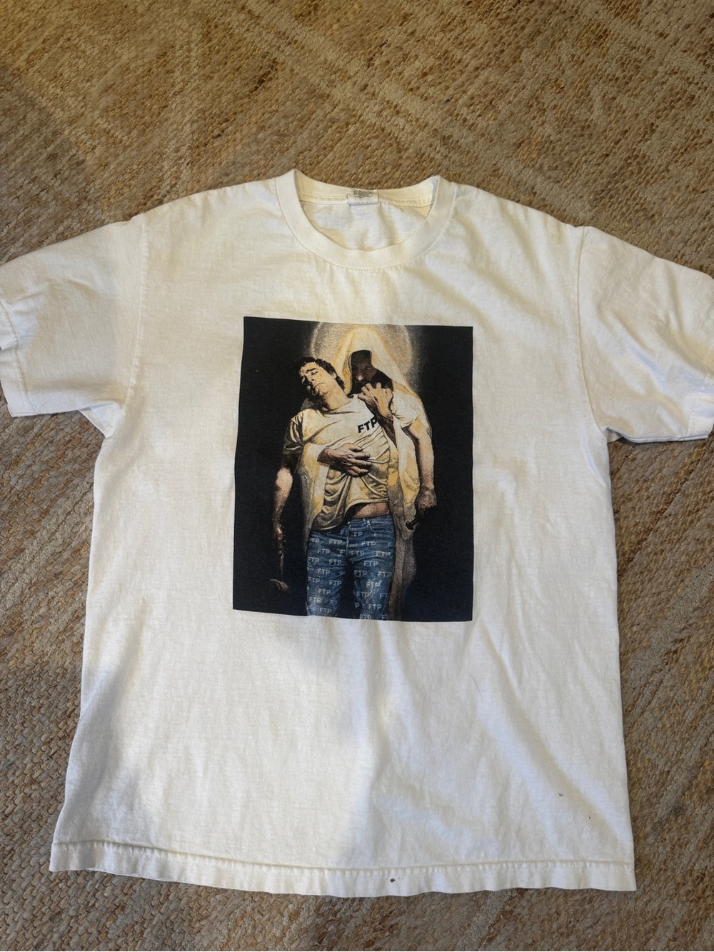 FTP White Short Sleeve Tee with Religious-Style Graphic “RARE”